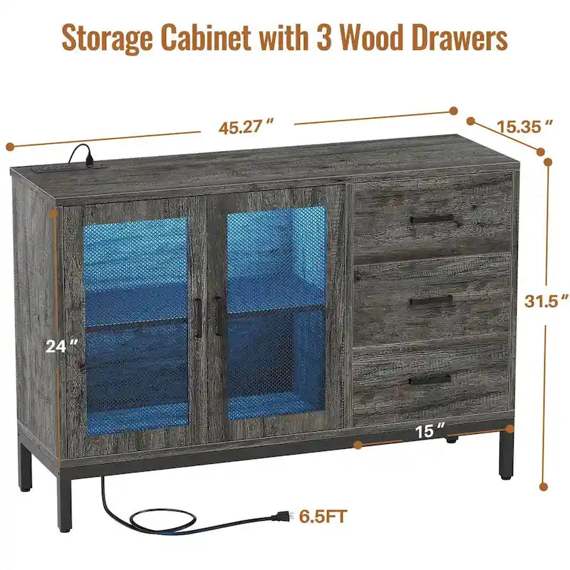 45-Inch Wood Sideboard Bar Cabinet with Charging Station and LED Lights