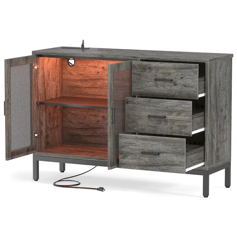 45-Inch Wood Sideboard Bar Cabinet with Charging Station and LED Lights