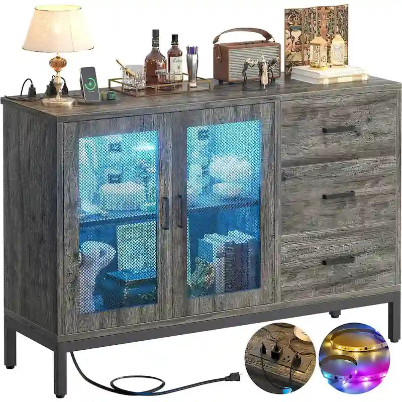 45-Inch Wood Sideboard Bar Cabinet with Charging Station and LED Lights