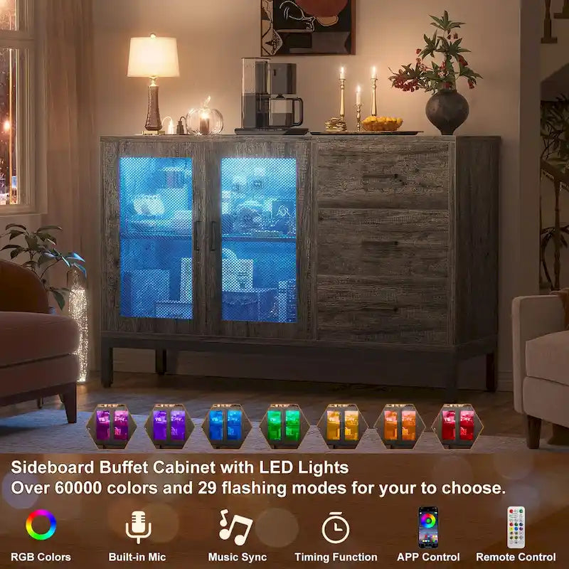 45-Inch Wood Sideboard Bar Cabinet with Charging Station and LED Lights