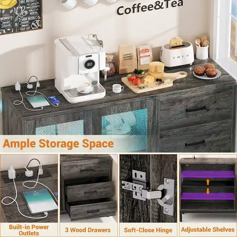 45-Inch Wood Sideboard Bar Cabinet with Charging Station and LED Lights