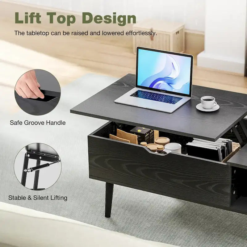 Lift-Top Coffee Table with Hidden Storage Compartment and Steel Frame Lifting Mechanism