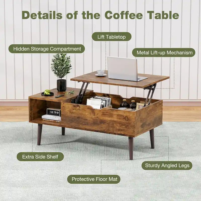 Lift-Top Coffee Table with Hidden Storage Compartment and Steel Frame Lifting Mechanism