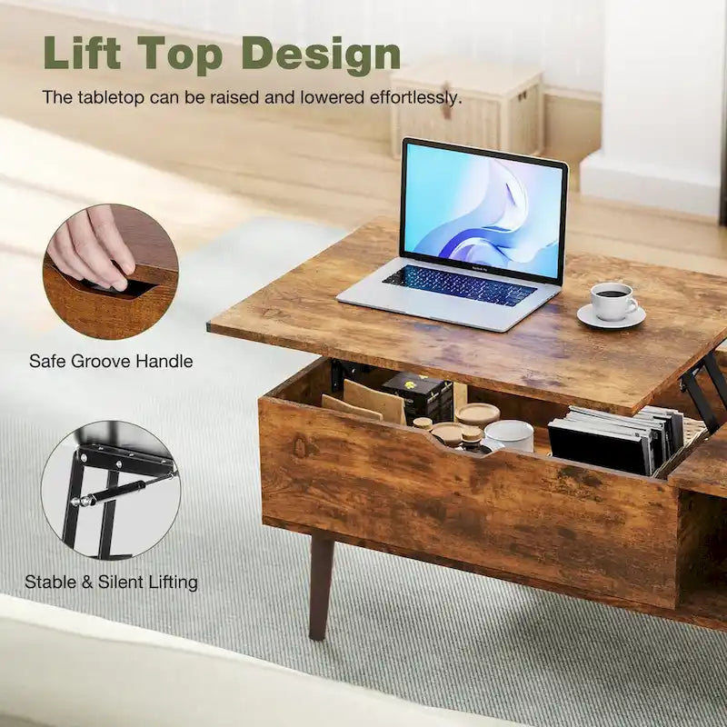 Lift-Top Coffee Table with Hidden Storage Compartment and Steel Frame Lifting Mechanism