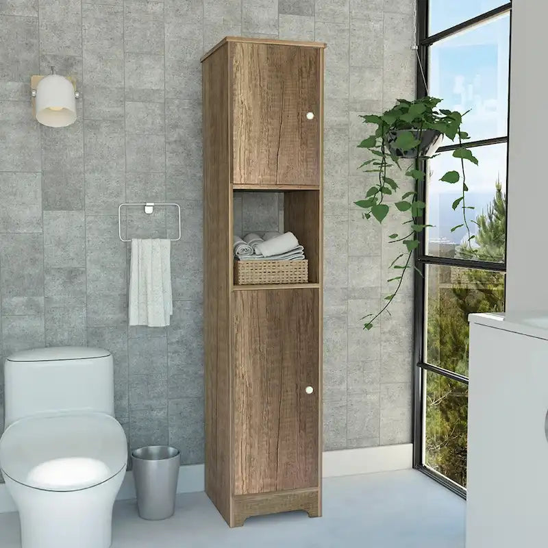 Linen Cabinet with Double Doors and Four Interior Shelves, Light Oak Finish