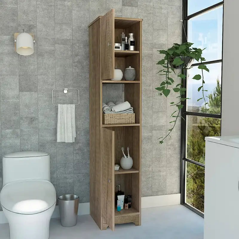Linen Cabinet with Double Doors and Four Interior Shelves, Light Oak Finish