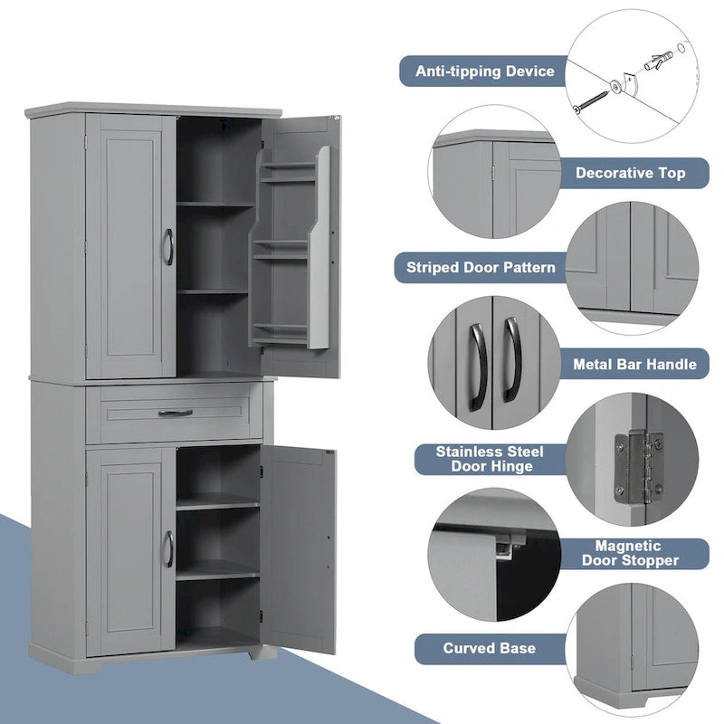 Tall Freestanding Wood Entryway Storage Cabinet with Doors, 1 Drawer and Adjustable Shelf, 72H