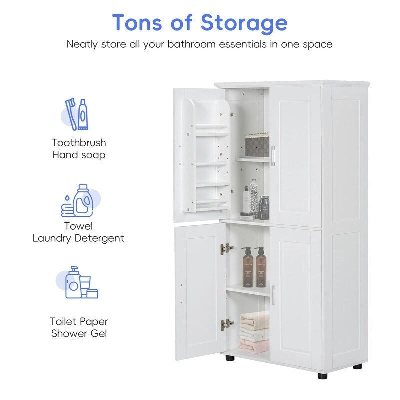 Freestanding Bathroom Storage Cabinet with 4 Doors and Adjustable Shelves