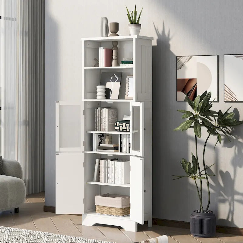 White Tall MDF Storage Cabinet with Shelves and Doors for Bathroom, Kitchen or Living Room