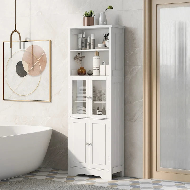 White Tall MDF Storage Cabinet with Shelves and Doors for Bathroom, Kitchen or Living Room