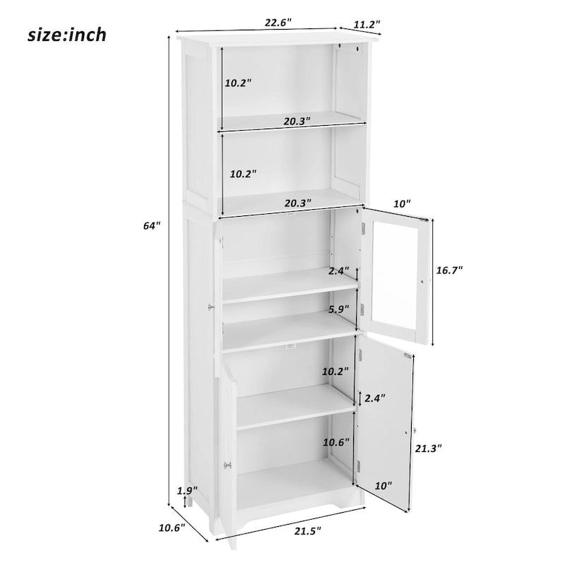 White Tall MDF Storage Cabinet with Shelves and Doors for Bathroom, Kitchen or Living Room