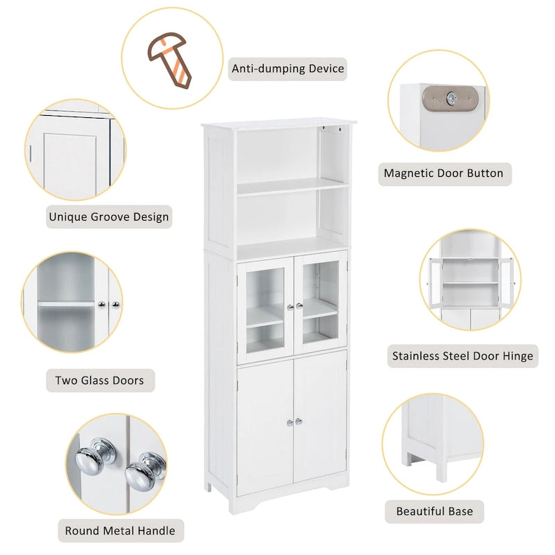White Tall MDF Storage Cabinet with Shelves and Doors for Bathroom, Kitchen or Living Room