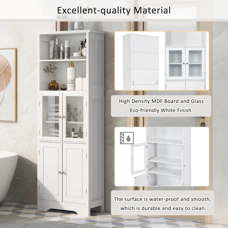 White Tall MDF Storage Cabinet with Shelves and Doors for Bathroom, Kitchen or Living Room