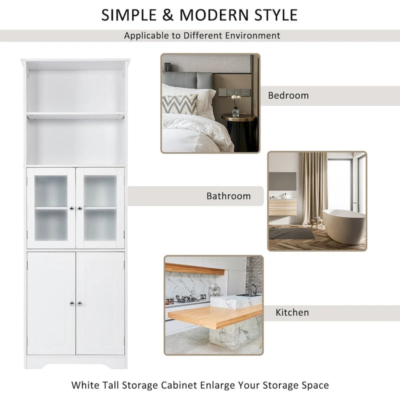White Tall MDF Storage Cabinet with Shelves and Doors for Bathroom, Kitchen or Living Room