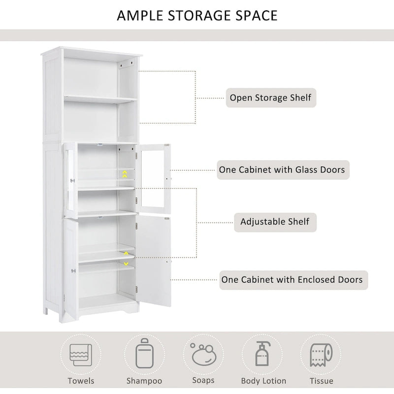 White Tall MDF Storage Cabinet with Shelves and Doors for Bathroom, Kitchen or Living Room