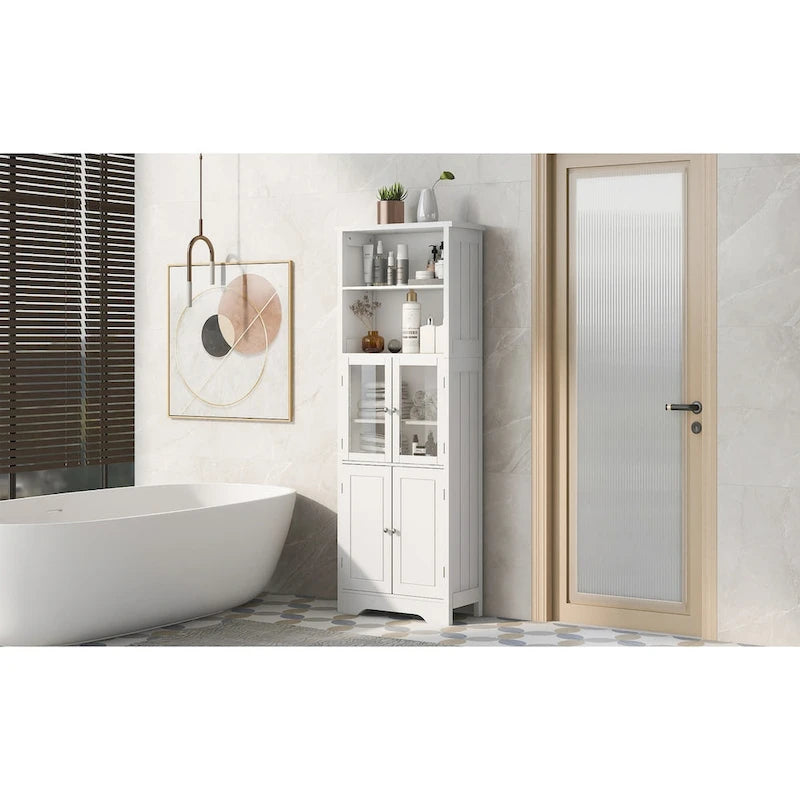 White Tall MDF Storage Cabinet with Shelves and Doors for Bathroom, Kitchen or Living Room