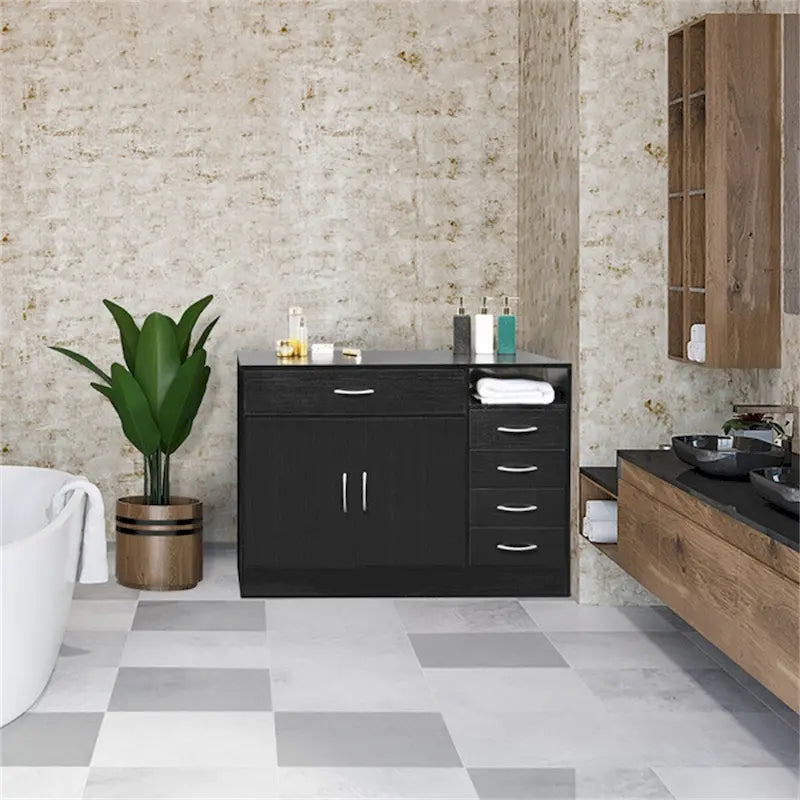 Black Bathroom Cabinet with Double Doors and 5 Drawers