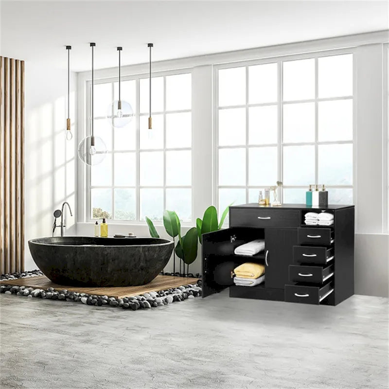 Black Bathroom Cabinet with Double Doors and 5 Drawers