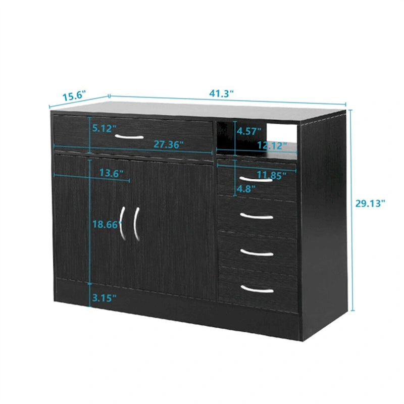 Black Bathroom Cabinet with Double Doors and 5 Drawers