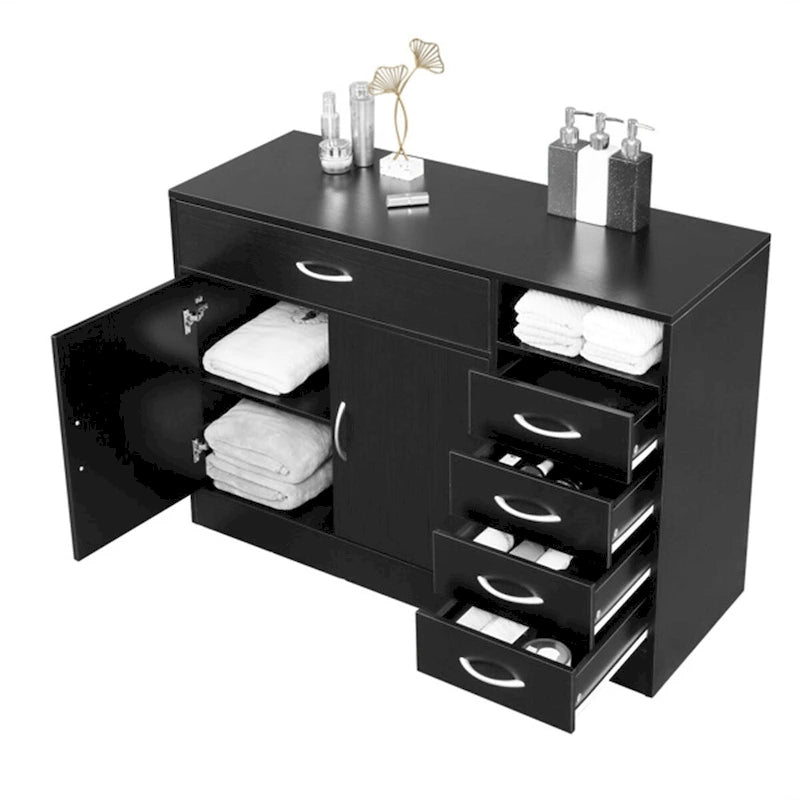 Black Bathroom Cabinet with Double Doors and 5 Drawers