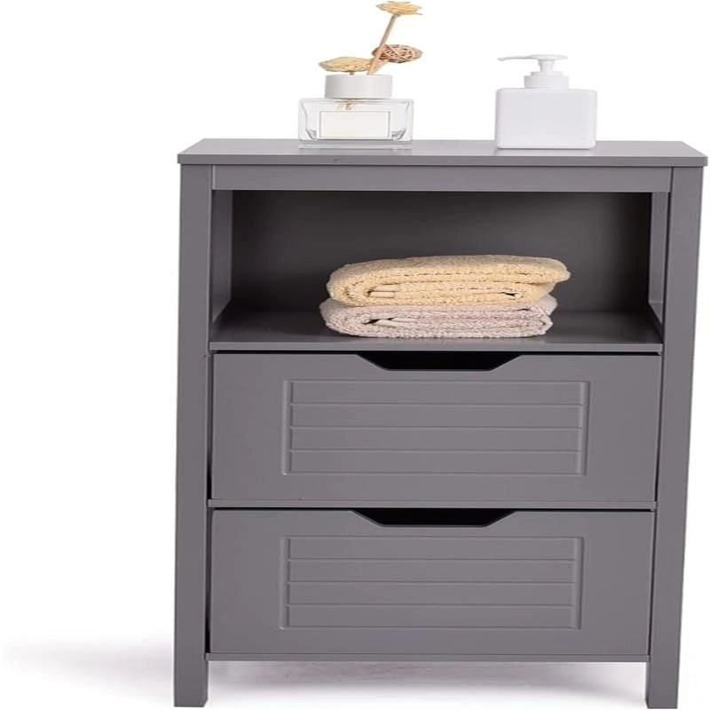 Freestanding Bathroom Floor Cabinet with Drawers, Open Shelf and Grooved Door Panel