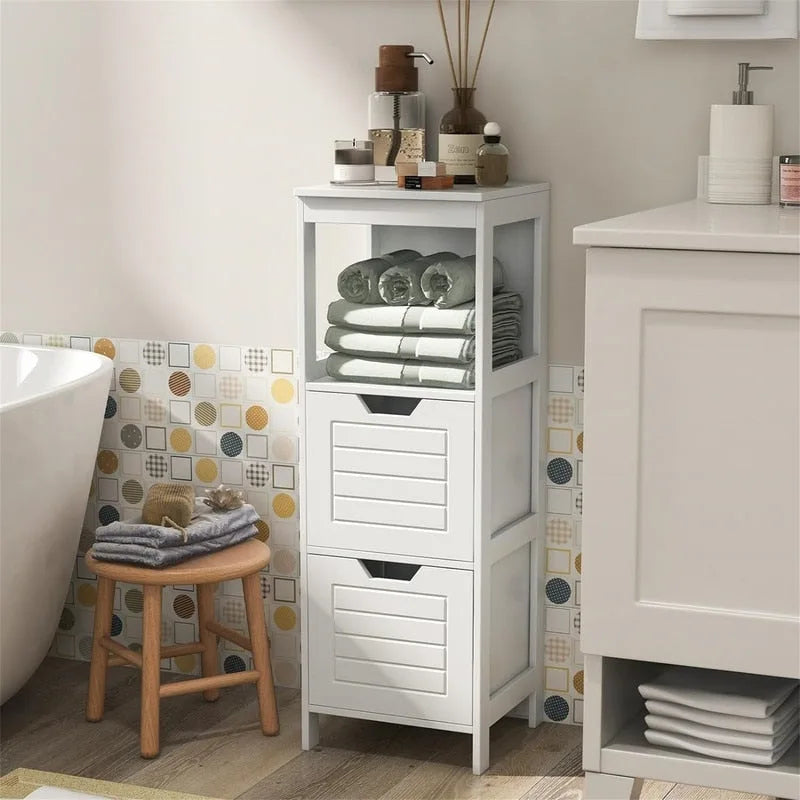 Freestanding Bathroom Floor Cabinet with Drawers, Open Shelf and Grooved Door Panel