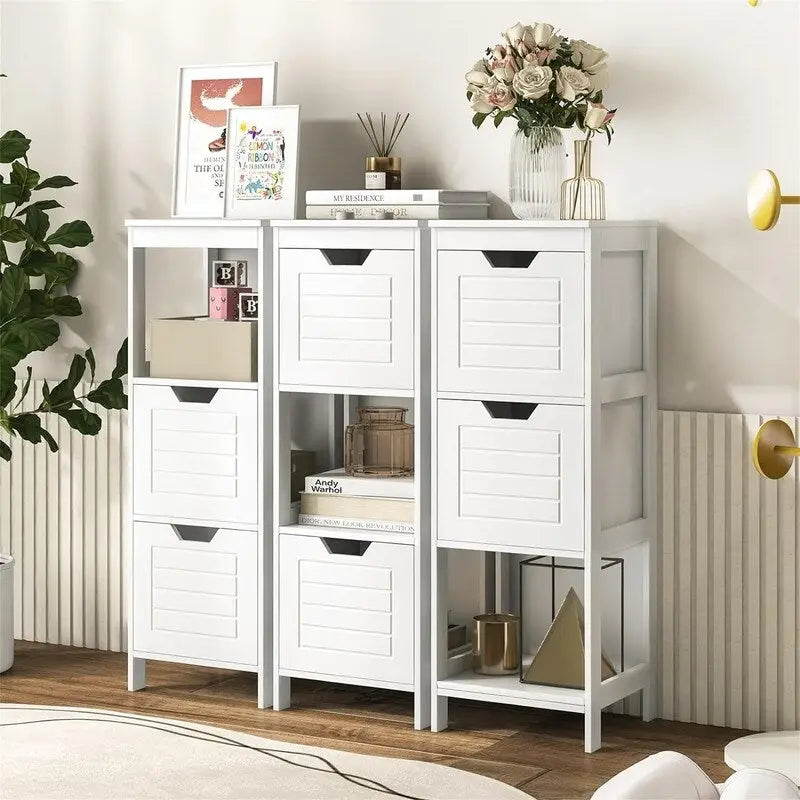 Freestanding Bathroom Floor Cabinet with Drawers, Open Shelf and Grooved Door Panel