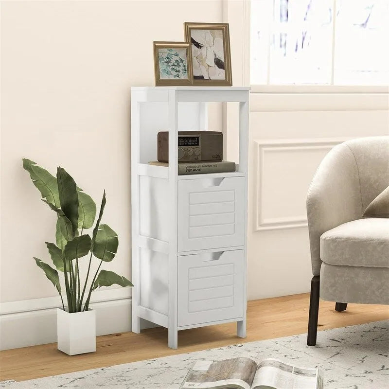 Freestanding Bathroom Floor Cabinet with Drawers, Open Shelf and Grooved Door Panel