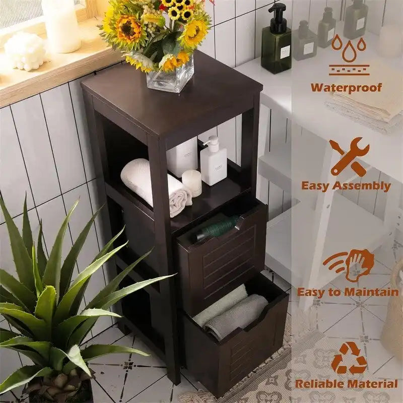 Freestanding Bathroom Floor Cabinet with Drawers, Open Shelf and Grooved Door Panel