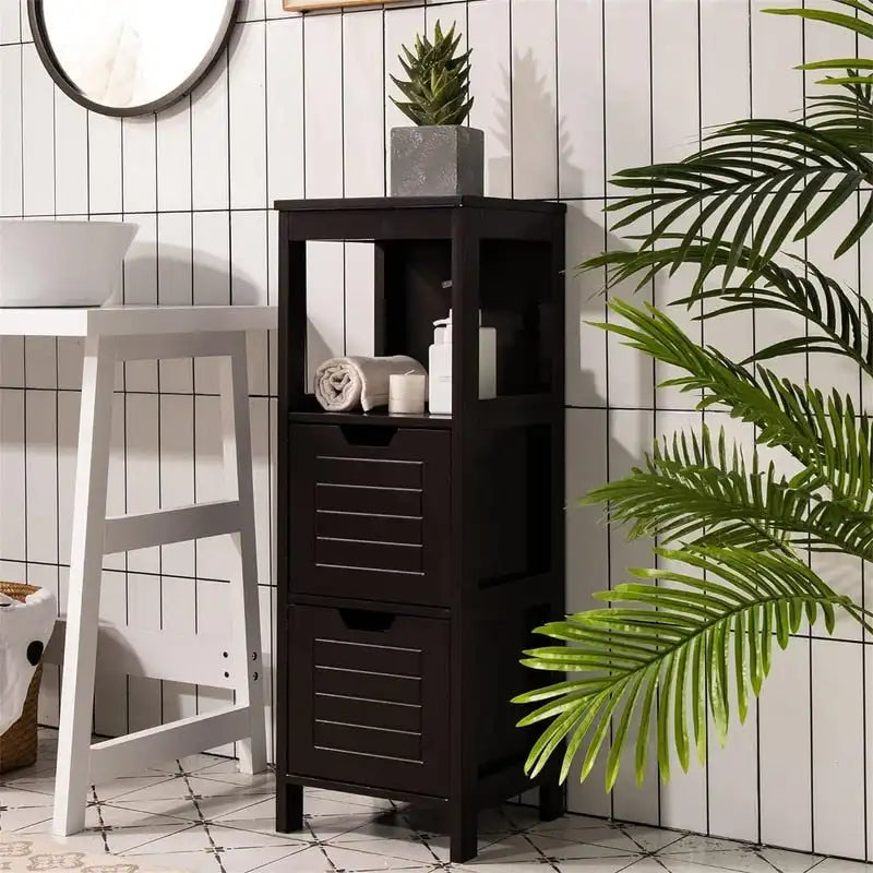 Freestanding Bathroom Floor Cabinet with Drawers, Open Shelf and Grooved Door Panel