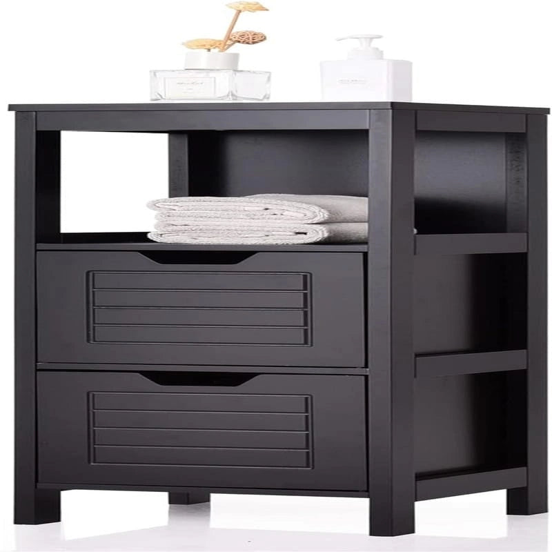 Freestanding Bathroom Floor Cabinet with Drawers, Open Shelf and Grooved Door Panel