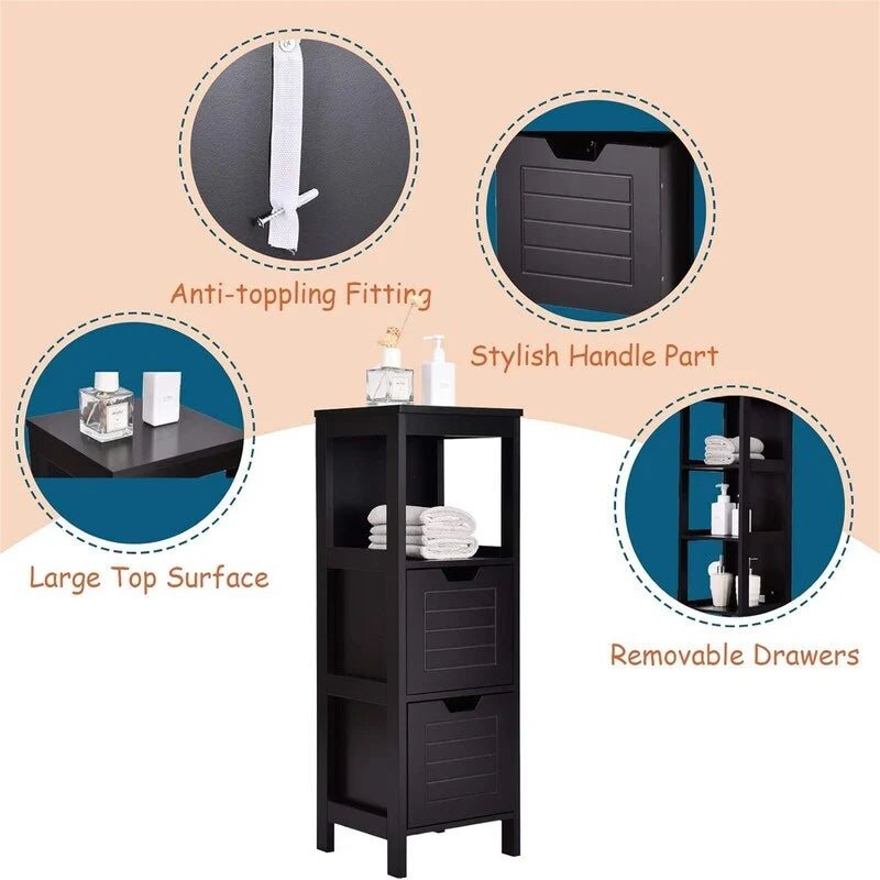 Freestanding Bathroom Floor Cabinet with Drawers, Open Shelf and Grooved Door Panel