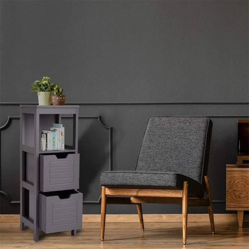 Freestanding Bathroom Floor Cabinet with Drawers, Open Shelf and Grooved Door Panel