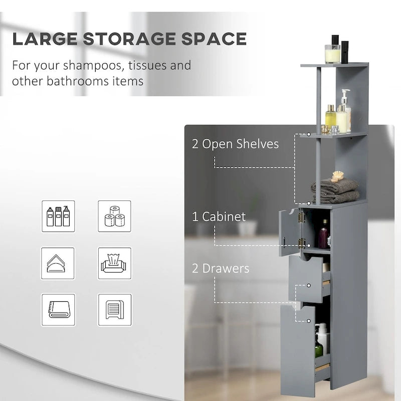 Freestanding Bathroom Linen Tower Cabinet with 2-Tier Open Shelf and 2 Drawers, 54H