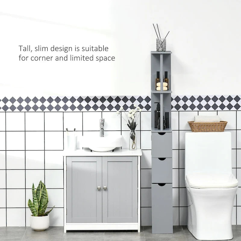 Freestanding Bathroom Linen Tower Cabinet with 2-Tier Open Shelf and 2 Drawers, 54H