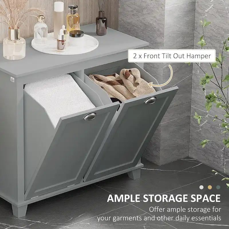 Bathroom Storage Organizer with Two-Compartment Tilt-Out Laundry Hamper