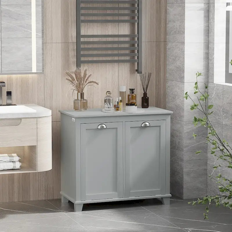 Bathroom Storage Organizer with Two-Compartment Tilt-Out Laundry Hamper