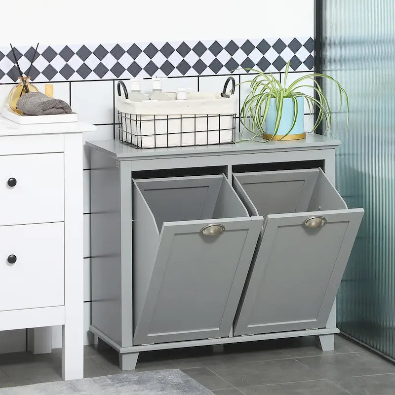 Bathroom Storage Organizer with Two-Compartment Tilt-Out Laundry Hamper
