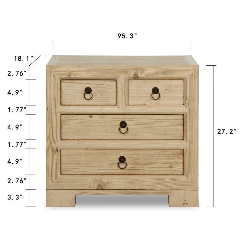 4-Drawer Weathered Natural Pine Wood Nightstand, 28x18x27H