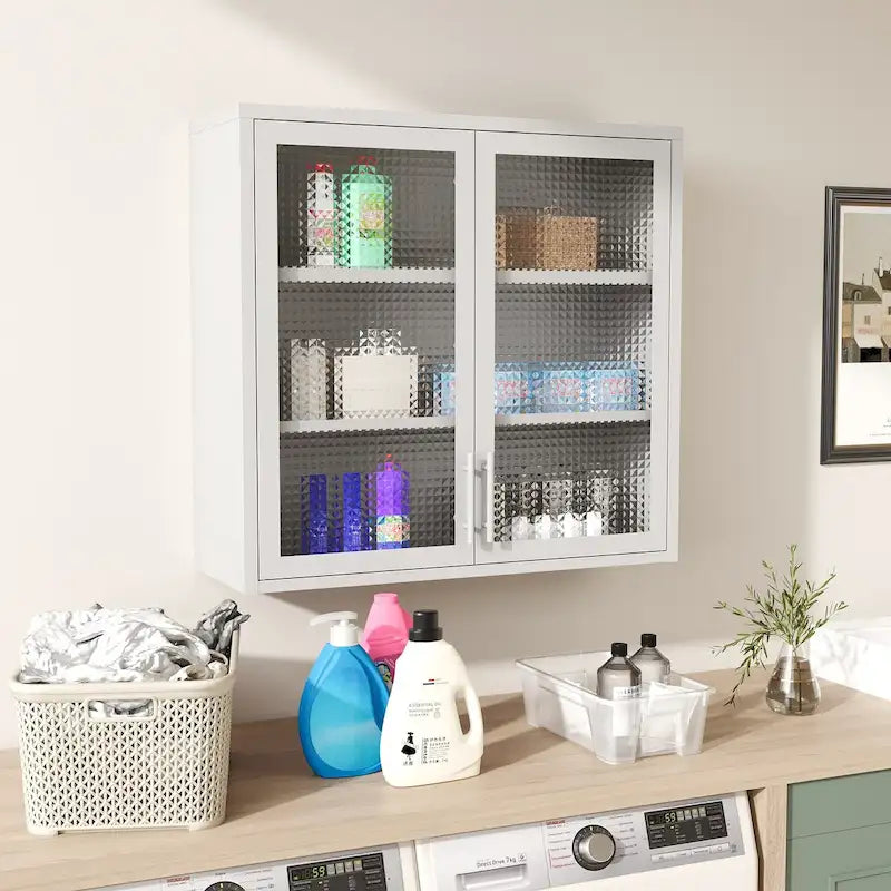 Wall-Mounted Storage Cabinet with Hazy Glass Doors and 2 Adjustable Shelves for Living Room