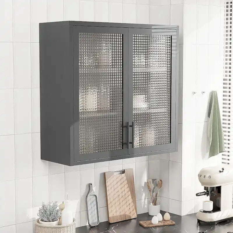 Wall-Mounted Storage Cabinet with Hazy Glass Doors and 2 Adjustable Shelves for Living Room
