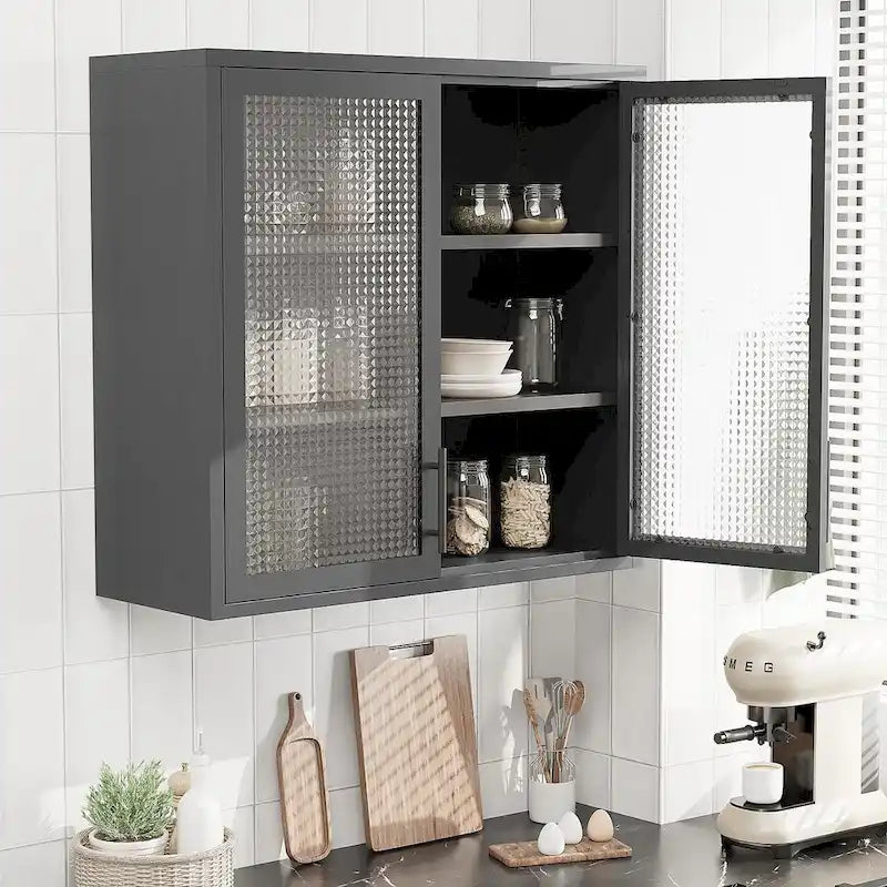 Wall-Mounted Storage Cabinet with Hazy Glass Doors and 2 Adjustable Shelves for Living Room