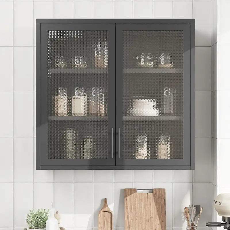 Wall-Mounted Storage Cabinet with Hazy Glass Doors and 2 Adjustable Shelves for Living Room