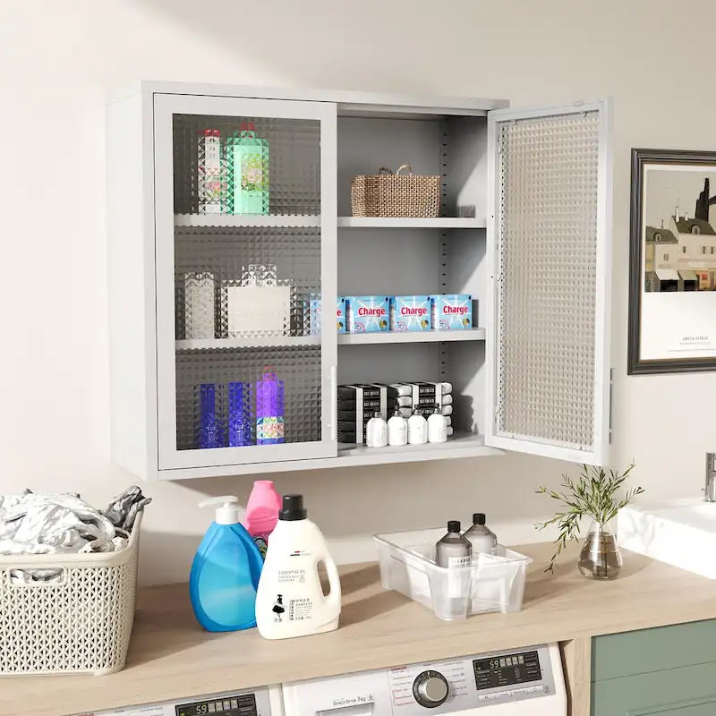 Wall-Mounted Storage Cabinet with Hazy Glass Doors and 2 Adjustable Shelves for Living Room