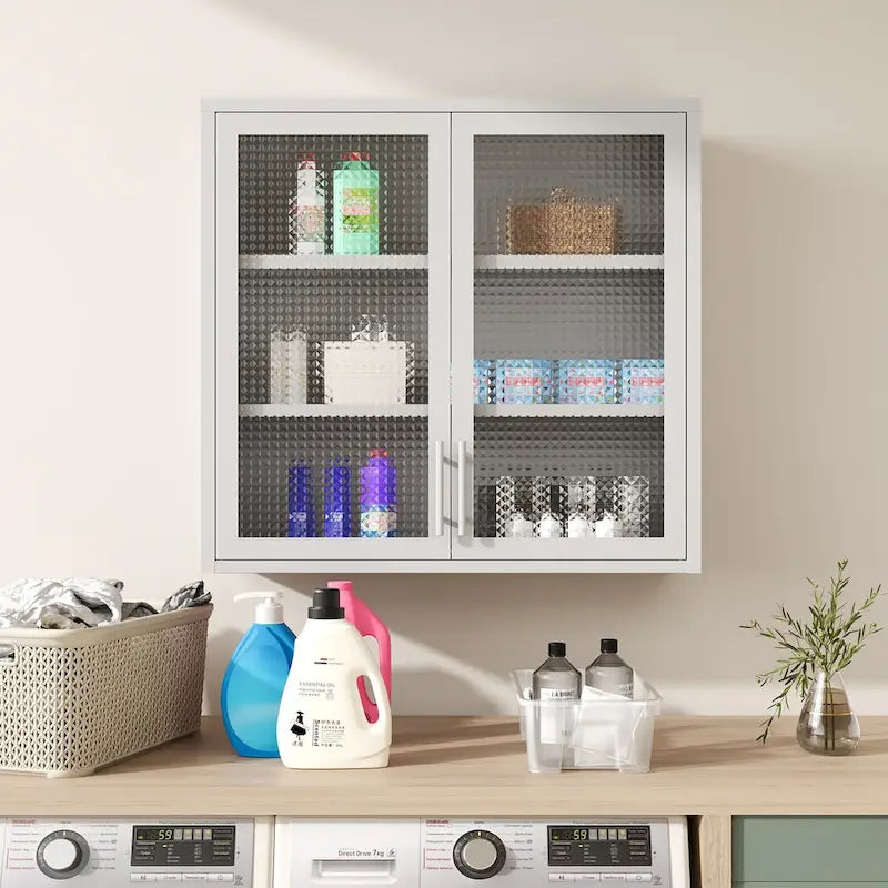 Wall-Mounted Storage Cabinet with Hazy Glass Doors and 2 Adjustable Shelves for Living Room