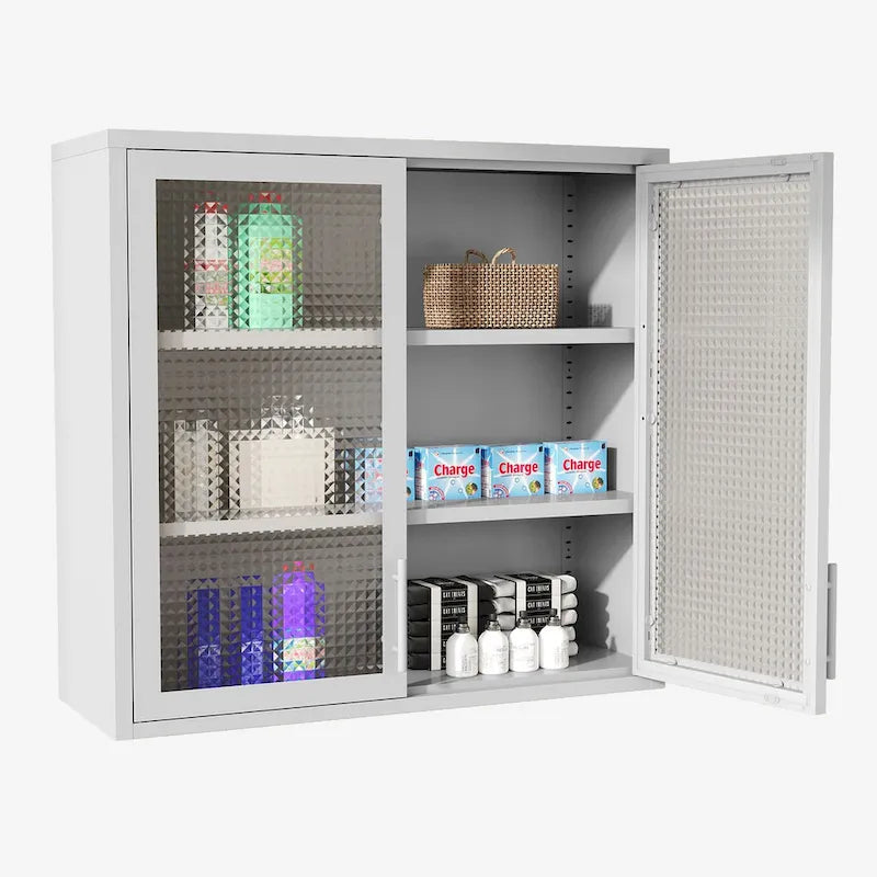 Wall-Mounted Storage Cabinet with Hazy Glass Doors and 2 Adjustable Shelves for Living Room